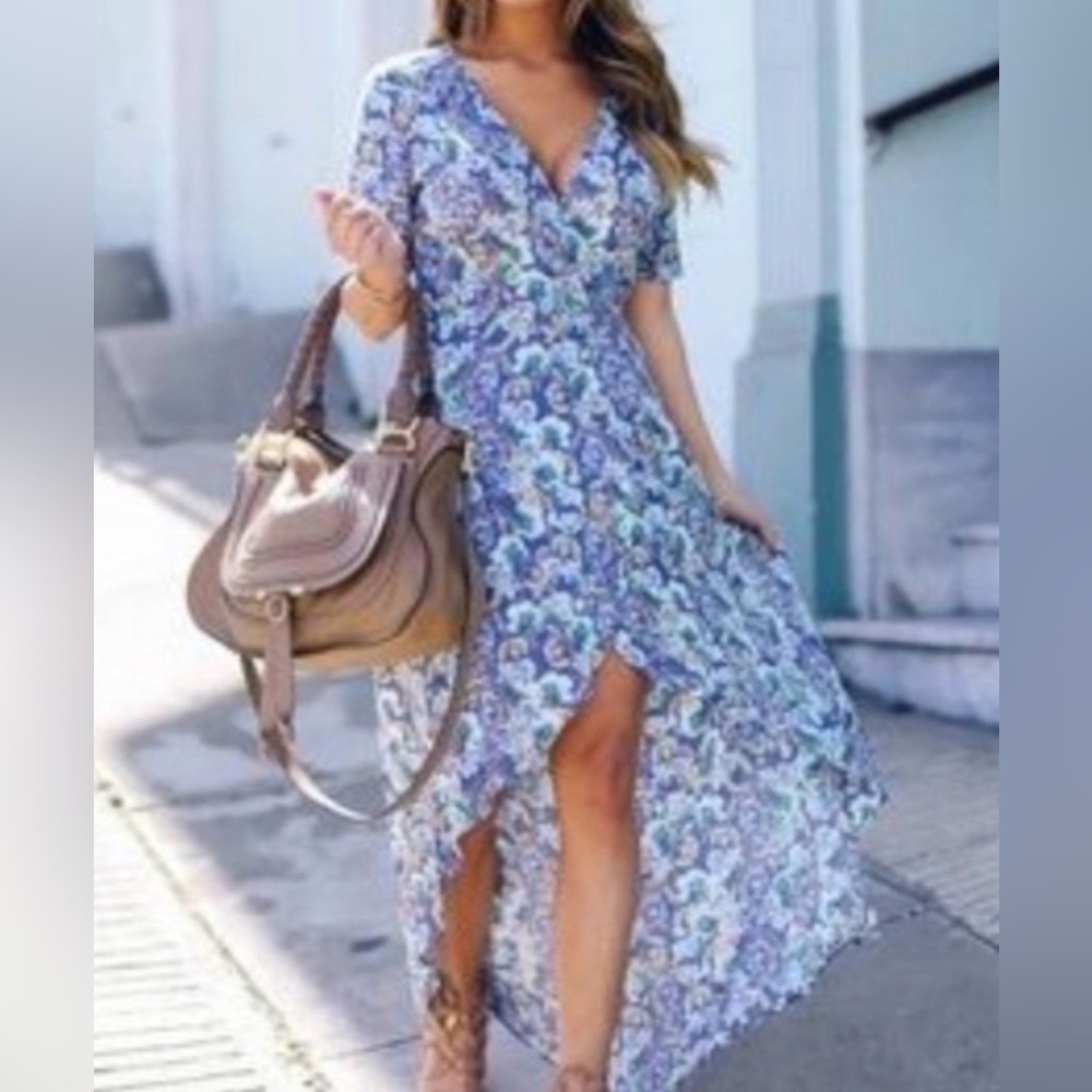 Astr Floral High Low Wrap Dress in Blue